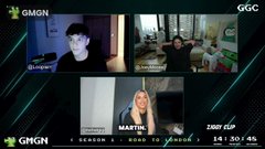 A gaming tournament broadcast displays player webcams and gamer tags including 'GMON', 'Donguu', 'MARTIN', and 'GNGS' against a dark green background. A scoreboard shows 'ZIRUI CUP' with 'SEASON 1 ROUND 16' and a final score of '14 : 301.45'.