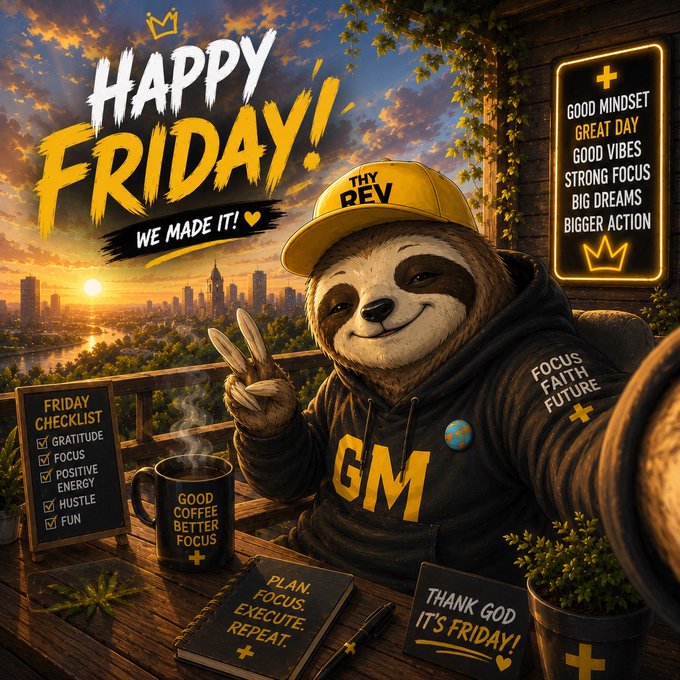 A 'Happy Friday!' graphic featuring a smiling sloth in a hoodie and yellow 'THY REV' cap, surrounded by motivational text like 'GOOD MINDSET', 'GREAT DAY', and a Friday checklist.