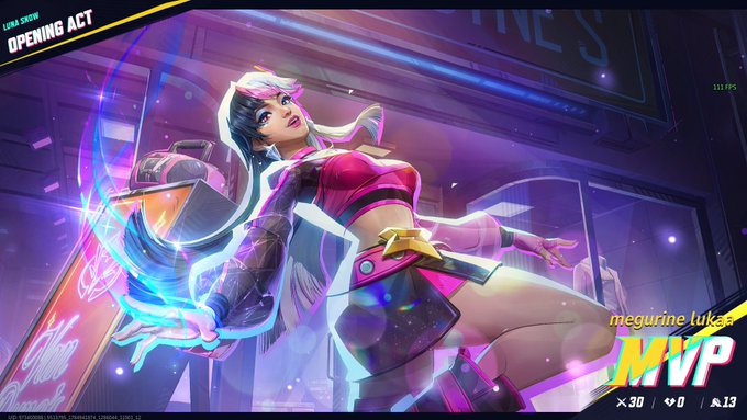 Luna Snow's 'Opening Act' skin in Marvel Rivals, featuring the character with white hair and a pink outfit holding a microphone, labeled 'megurine luka MVP' with stats 'x30', '0', and '13'.