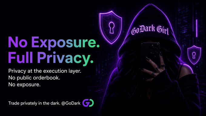 A promotional graphic with purple neon styling advertising "GoDark Girl" with the tagline "No Exposure. Full Privacy." and text reading "Trade privately in the dark. @GoDark."