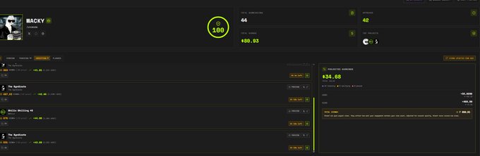 A dark-themed gaming statistics dashboard for a user named 'MACKY' featuring a 100% completion circle, 44 achievements, and a list of game progress entries with completion percentages.