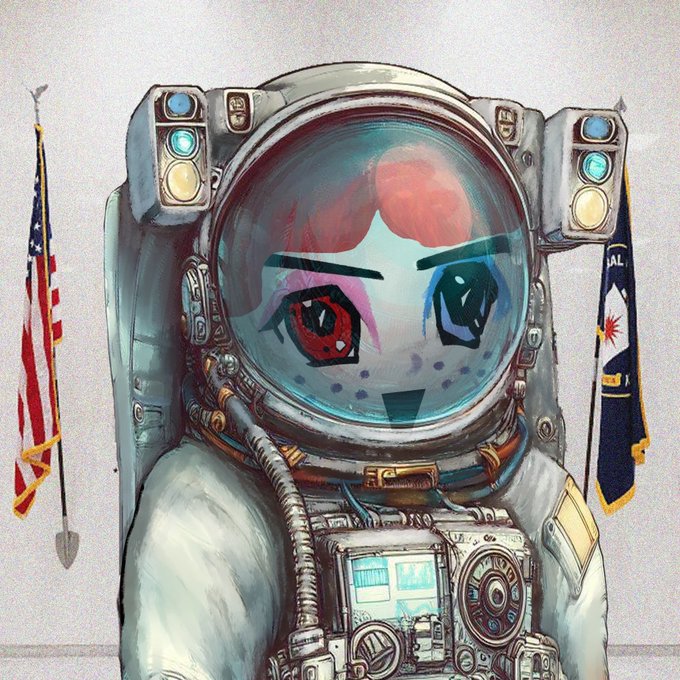 An artistic illustration of a figure in a detailed astronaut suit whose helmet visor reveals an anime-style female face with large, expressive eyes, flanked by an American flag on the left and another flag on the right.