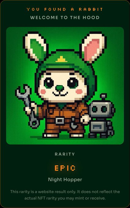 The image shows a pixel-art NFT card featuring a rabbit character in a green hoodie and brown overalls, holding a wrench alongside a small robot, labeled "YOU FOUND A RABBIT - WELCOME TO THE HOOD," with a rarity of "EPIC" and the name "Night Hopper." This aligns with the post's caption, humorously depicting the rabbit character who chose to pursue the "hood" lifestyle (wrench in hand, robot companion) over paying bills.