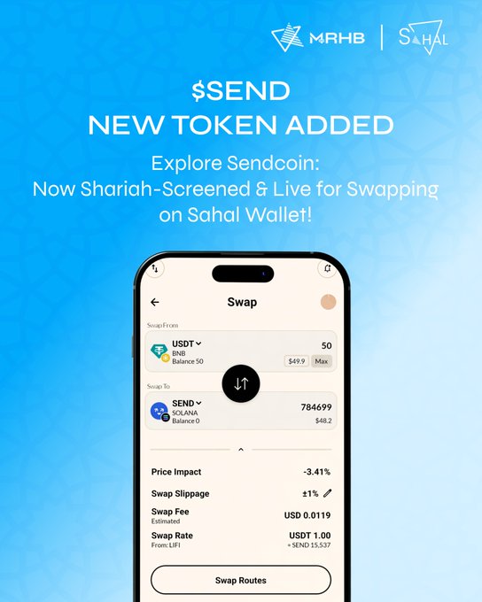 A promotional graphic for MRHB and SAHAL announces a '$SEND NEW TOKEN ADDED' now Shariah-screened and live for swapping on Sahal Wallet, showing a USDT to SEND swap interface with 15,537 SEND for 50 USDT.