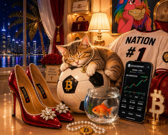 A sleeping kitten wearing pearls cuddles a Bitcoin-branded soccer ball, surrounded by red high-heel shoes with '$RSOL', a phone showing a '$RSOL/SOL' chart on DEXScreener, a fishbowl with a goldfish, and a 'NATION #1' jersey in the background.
