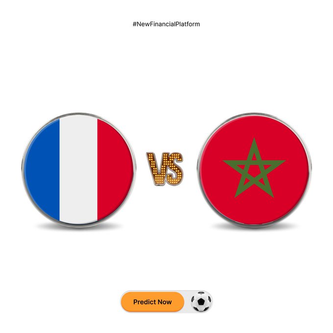 A graphic displays circular flags of France and Morocco separated by a "VS" emblem, with a "#NewFinancialPlatform" hashtag at the top and an orange "Predict Now" button alongside a soccer ball at the bottom. The image illustrates a Bybit Football Season prediction contest where users vote on the France vs. Morocco match for a chance to win $1,000,000 in MNT rewards.