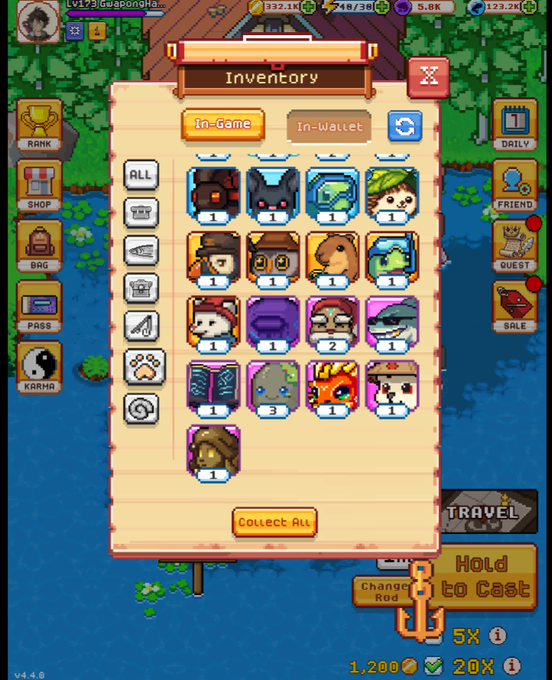 A screenshot from a fishing game shows multiple profiles, including a large blue fish. The players are exploring various locations such as rivers, lakes, ponds, and oceans. They can also access different types of pets like cats, dogs, monkeys, and birds. A user must collect various trophies to progress through the game. One of these trophies is "Travel To Cast", meaning they have reached a milestone in their fishing journey. In addition, there are options for buying gold and diamonds which players can use as rewards or upgrades within the game.