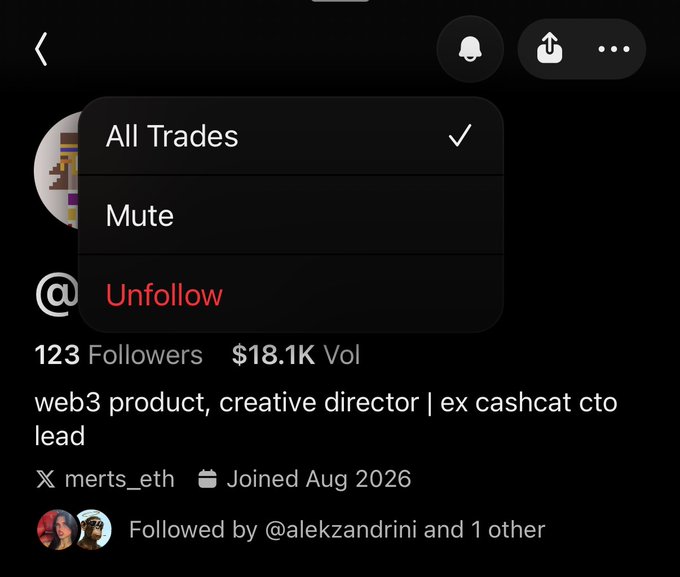A mobile app screenshot shows a user profile menu with options for "All Trades" (checked), "Mute," and "Unfollow" (in red). The profile belongs to "All Trades" account with 123 followers and $18.1K Vol, showing the bio "web3 product, creative director | ex cashcat cto lead" and username @merts_eth. The image illustrates the Phantom wallet notification feature mentioned in the post, specifically showing where users can enable alerts for the trader's "All Trades" to receive real-time updates on SOL and EVM trades.