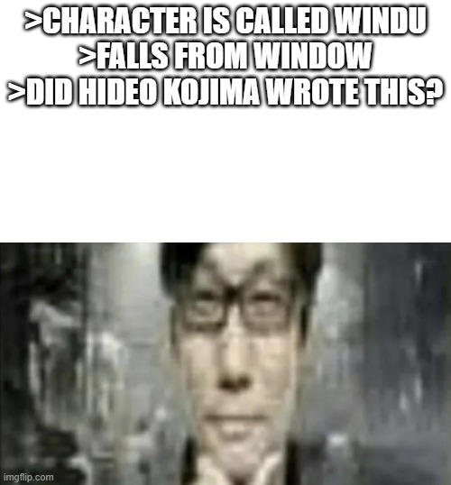 A meme featuring text reading '>CHARACTER IS CALLED WINDU >FALLS FROM WINDOW >DID HIDEO KOJIMA WROTE THIS?' above a blurry image of a person's face.