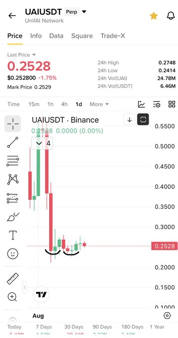 The image shows a Binance perpetual futures chart for UAI/USDT (UnilAI Network), displaying a daily candlestick view with the last price at 0.2528 USDT, highlighting a double bottom formation near the 0.2528 support level. This visually supports the post's callout of a "perfect double bottom at last support" for $UAI on Binance, suggesting a bullish reversal setup with the chart's pattern reinforcing the author's bullish thesis and target expectations.