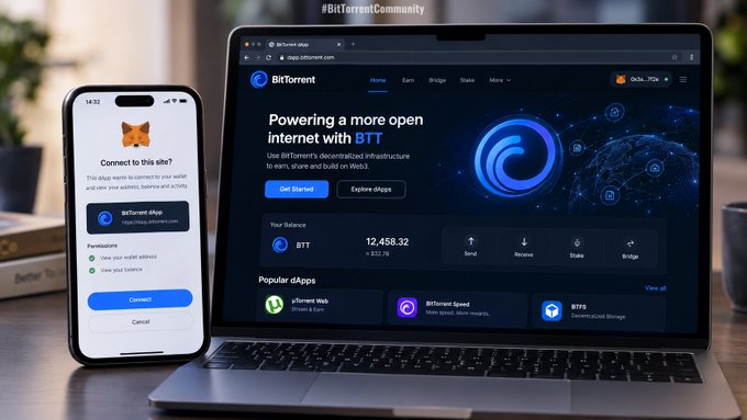 A promotional image showing the BitTorrent website on a laptop and a mobile app interface on a smartphone, displaying "Powering a more open internet with BTT" and a balance of "12,458.32 BTT".