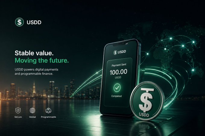 Another promotional banner for 'USDD' cryptocurrency showing a smartphone with a 'Payment Sent 100.00 USDD Completed' confirmation screen next to a USDD coin, set against a nighttime city skyline with a digital globe, tagged 'Stable value. Moving the future.'.