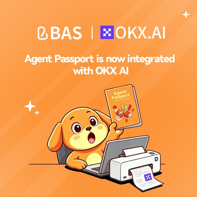 A cheerful cartoon dog holds up an "Agent Passport" while printing from a laptop on an orange background, announcing that "Agent Passport is now integrated with OKX AI" alongside BAS and OKX.AI logos. The image visually represents the integration milestone highlighted in the post, which celebrates Agent Passport's role in indexing AI agent economic activity—8K+ agents, 5K+ jobs, 270K+ on-chain transactions, and a 90%+ completion rate over 30 days.