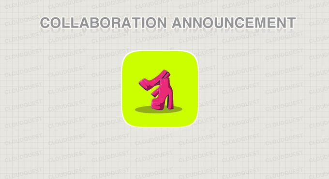 A bright green app icon featuring a pink dog wearing sunglasses and a necklace is displayed below the bold heading "COLLABORATION ANNOUNCEMENT," promoting the partnership between Cloud Quest and HoodModels to launch a 3,500 NFT fashion collection on Robinhood Chain.