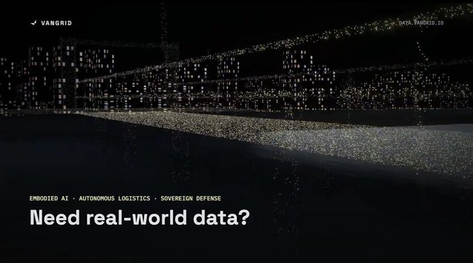 A dark VANGRID data visualization with text reading “Need real-world data?” and “EMBODIED AI · AUTONOMOUS LOGISTICS · SOVEREIGN DEFENSE.”