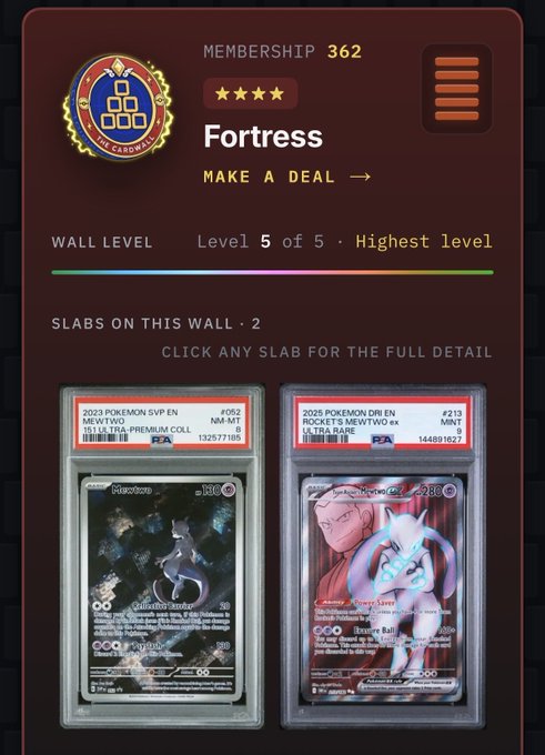 A screenshot of a digital trading card display for a profile named 'Fortress' with membership 362, showing two PSA-graded Pokémon slabs: a Mewtwo card (#151) and a Mewtwo ex card (#238).