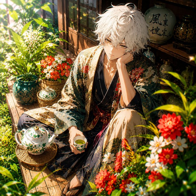An anime-style illustration of a young man with white hair wearing an ornate floral kimono, sitting peacefully on a wooden deck surrounded by vibrant red and white flowers while holding a small cup of green tea.