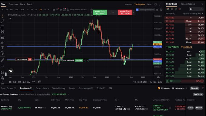 A TradingView chart interface for 'BTCUSD Perpetual' showing a candlestick chart of Bitcoin's price, an order book on the right, and a positions panel at the bottom indicating a long position.