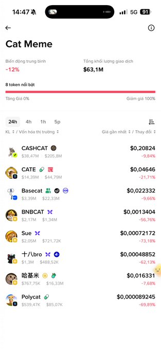 A smartphone screenshot of a crypto tracking app showing the "Cat Meme" category with a -12% change and $63.1M trading volume, listing tokens like CASHCAT, CATE, Basecat, BNBCAT, Sue, 十八, 哈基米, and Polycat with their prices and 24h changes.