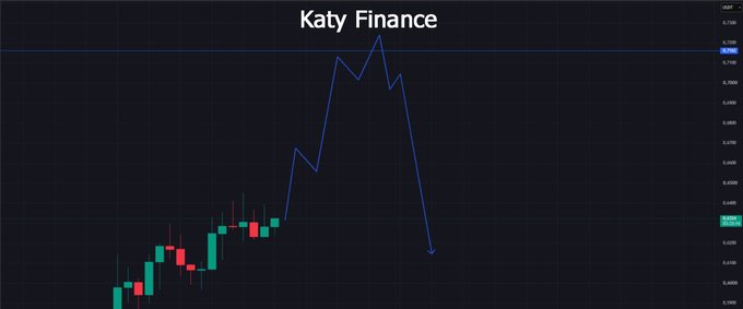 A candlestick chart titled 'Katy Finance' shows a volatile price movement with a sharp rise followed by a steep decline, ending with a downward arrow annotation.