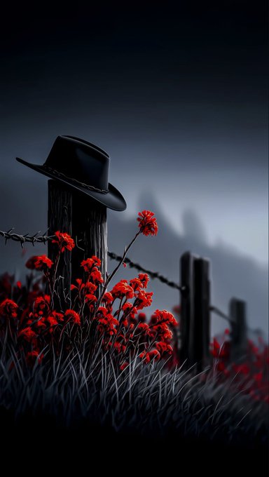 A black cowboy hat rests on a wooden fence post surrounded by vibrant red flowers in a misty, moody landscape.