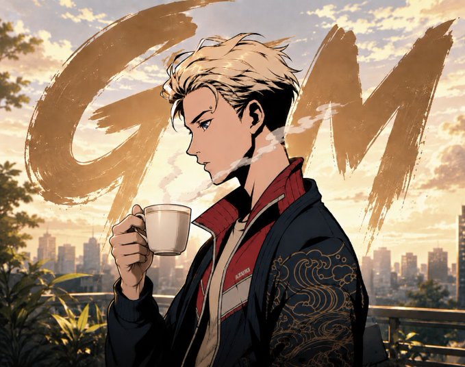 The image features a man with blonde hair wearing a jacket, holding a cup of coffee or tea while standing outside. The background shows an outdoor scene with buildings and trees, suggesting that he might be enjoying his drink in a park or similar public space. The caption for this image reads "gm good morning keep climbing @NomismaNetwork x @Appreciators_IO x @useTria x @TheARCTERMINAL x @quipnetwork".