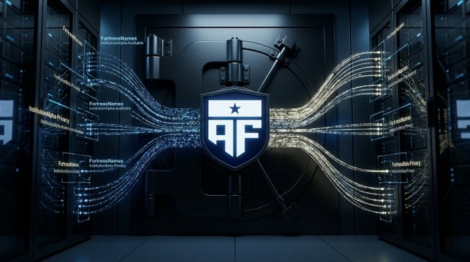 A futuristic server rack scene with a central shield logo containing a star and 'AF', surrounded by glowing fiber-optic cables flowing into the servers, with labels like 'FortressNames', 'FortressAlpha-Privacy', and 'FortressMaster'.