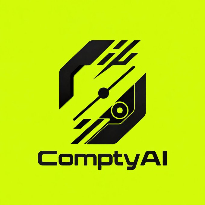 A bright yellow-green square displays the black ComptyAI logo, which features a stylized geometric robot or helmet design above the brand name.