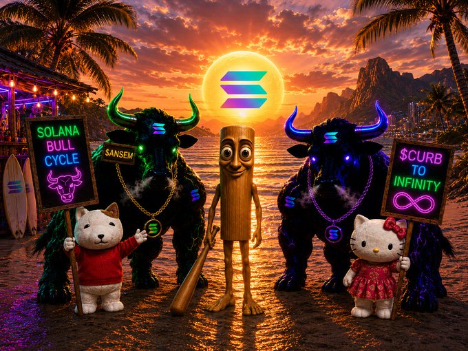 A vibrant, anime-style Solana beach scene at sunset featuring a wooden stick figure flanked by neon-horned minotaurs, a surfboard-wielding dog, and Hello Kitty, with signs reading "SOLANA BULL CYCLE," "$CURB TO INFINITY," and the Solana logo glowing above—visually representing the bullish Solana community post with tickers $SOL, $ANSEM, $CURB, $KITTY, $TripleT, and $KET.