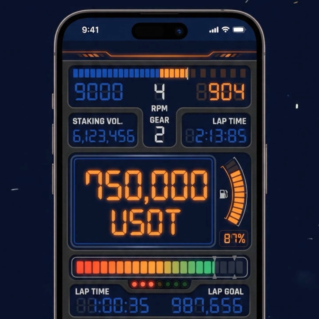 A smartphone displays a futuristic racing dashboard interface showing metrics like "9000 RPM," "GEAR 2," "STAKING VOL. 6,123,456," "LAP TIME 02:13:89," and a prominent "750,000 USDT" prize amount with "87%" fuel gauge, visually tying into the TIFT Team rewards promotion by using high-speed racing imagery to symbolize earning a share of the 70% team prize pool through qualifying.