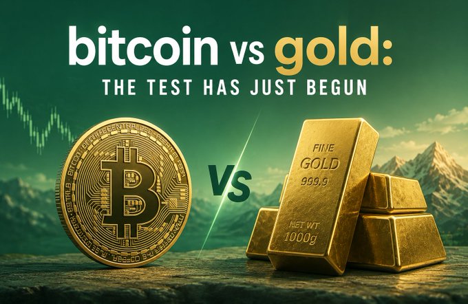 A graphic titled 'bitcoin vs gold: THE TEST HAS JUST BEGUN' showing a gold Bitcoin coin next to gold bars stamped 'FINE GOLD 999.9'.