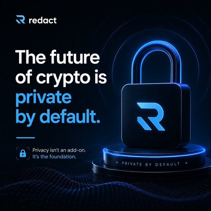 A promotional graphic for 'redact' cryptocurrency featuring a glowing blue padlock on a pedestal with the tagline 'The future of crypto is private by default.' and 'Privacy isn't an add-on. It's the foundation.'