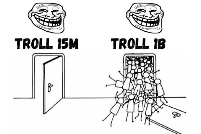 The image features two black and white illustrations depicting a door and a crowd of people entering through it. The door has an open handle, while the crowd consists of numerous individuals standing around the doorway. Above the door, there are two lines of text that read " Troll 15M" on one side and " Troll IBB" on the other side. These descriptions provide context to the illustrations by explaining what they represent in a humorous manner. The image also includes a caption below it, which reads: "The legendary 69M entry legends will ACTUALLY be made from it Many here today mark your spot in history."