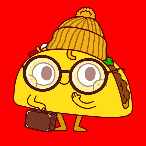A cartoon yellow character wearing a yellow beanie, round glasses, and carrying a brown briefcase and basket against a red background.