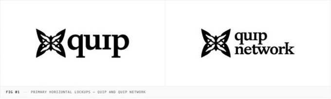 The image displays the primary horizontal logos for "quip" and "quip network," both featuring a distinctive butterfly-like emblem, labeled as FIG 01 for primary horizontal lockups. This ties into the post by showcasing the branding of Quip Network, the company highlighted as building a post-quantum security layer to prepare for the potential "Quantum Doomsday" scenario.