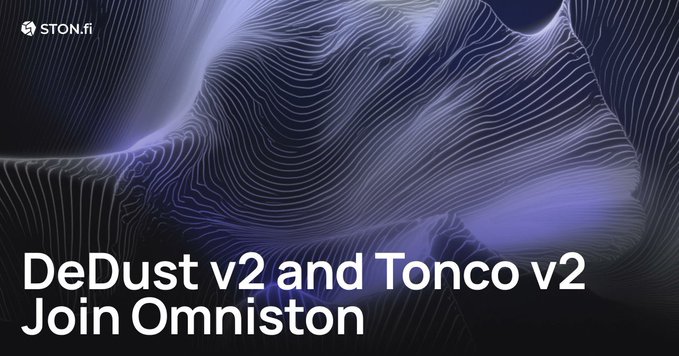The image is a promotional graphic from STON.fi featuring an abstract dark background with flowing, wavy lines in shades of purple and white. The STON.fi logo appears in the top left corner, and bold white text in the lower left reads "DeDust v2 and Tonco v2 Join Omniston," directly supporting the accompanying post about expanding Omniston's swap routes across the TON ecosystem by integrating DeDust CPMM v2 and Tonco v2 pools.