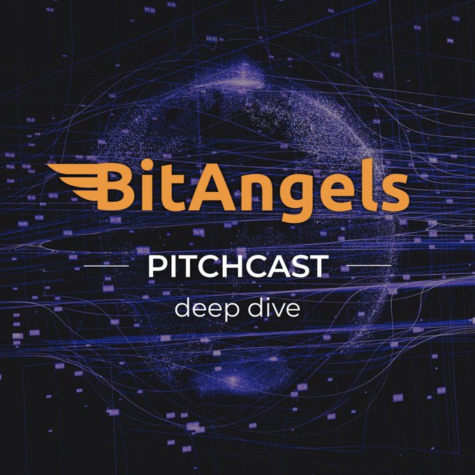 A promotional graphic for 'BitAngels PITCHCAST deep dive' featuring the orange BitAngels logo with wings against a dark blue digital background with a globe and data points.