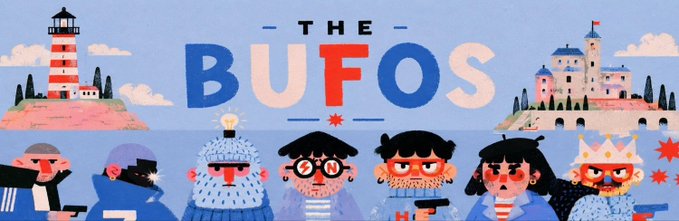 A colorful illustration banner titled "THE BUFOS" featuring a lineup of cartoon characters, including pirates and royalty, with a lighthouse and castle in the background.