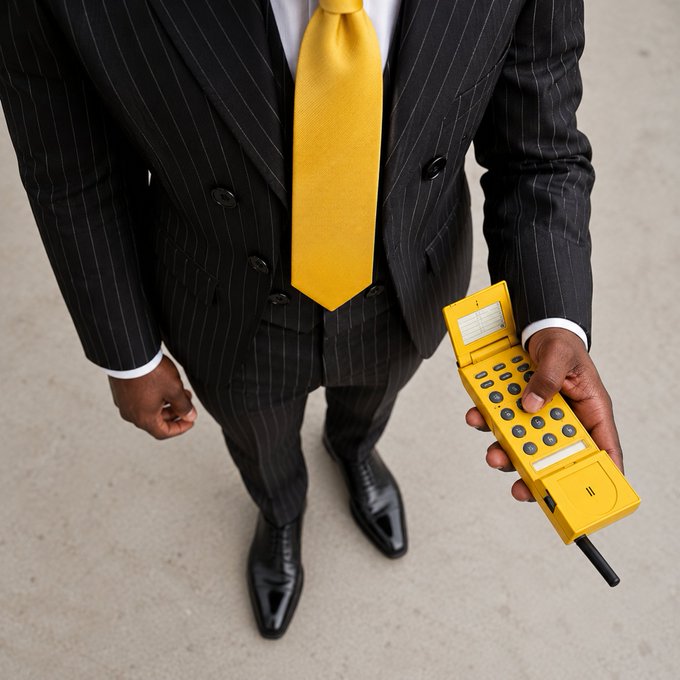 A businessman in a pinstripe suit and yellow tie stands confidently while holding out a large yellow brick-style mobile phone toward the camera. The vintage tech, paired with the bold yellow accessories and professional attire, evokes a sense of stepping away from the corporate grind to answer the weekend's call.