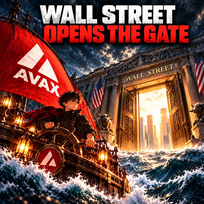 An anime-style illustration shows a character on a ship with a red "AVAX" flag sailing toward a "WALL STREET" gateway, under the bold text "WALL STREET OPENS THE GATE."