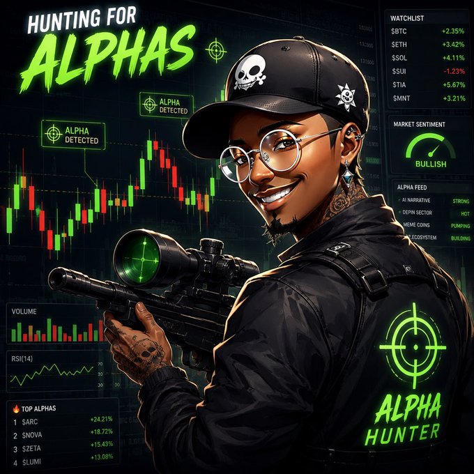 A digital poster titled 'HUNTING FOR ALPHAS' and 'ALPHA HUNTER', featuring a man in a black cap and glasses holding a sniper rifle with a green targeting scope. The background includes a stock chart, a 'BULLISH' market sentiment gauge, and a watchlist with tickers like '$BTC' and '$ETH'.
