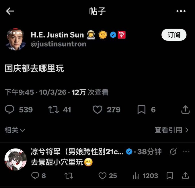 A Twitter screenshot of a post by 'H.E. Justin Sun @justinsuntron' asking '国庆都去哪里玩' (Where are you going for the holiday?), with a reply '去景甜小穴里玩😁' by '凉兮将军' with 1203 views.