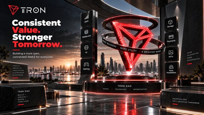 A promotional banner for TRON with the tagline 'Consistent Value, Stronger Tomorrow' featuring a glowing red TRON logo surrounded by icons for DeFi, Stablecoins, AI, Gaming, Storage, Payments, NFTs, and more possibilities.