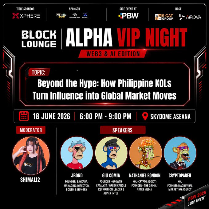 The image features a poster for an event called "Block Alpha VIP Night" that takes place at a Web & AI conference. The poster includes information about the event's topic, speakers, and the date of the event. There are five different people depicted on the poster, each with their own unique appearance or role related to the event. One person is wearing glasses, another has a hat, and three others have ties around their necks. The poster also provides details about the event's location, time, and registration information for attendees.