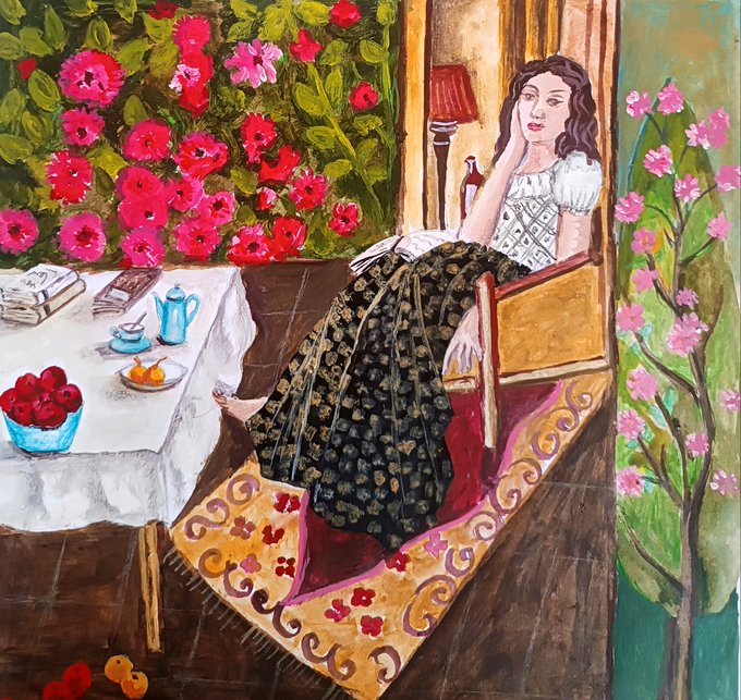 A painting of a woman sitting in a chair with her legs crossed, holding a book or magazine while looking at something off-camera. The background features a table with various items such as books, cups, bowls, and oranges. The painting is titled "In those moments, I thought of the sea coast, the sea gulls in the wind and I thought of you in the flower garden Collected: " by @Laya1388897 on @objktcom/tokens/KT1Wah7