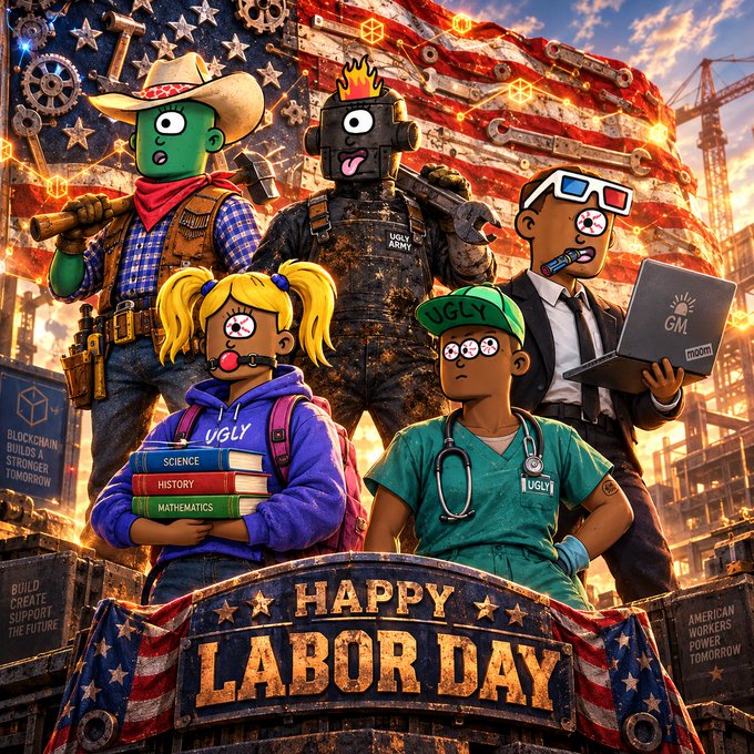 A Labor Day themed digital illustration featuring cartoon characters representing different professions (cowboy, soldier, business person, student, doctor) wearing 'UGLY' branded clothing, set against an American flag background with 'HAPPY LABOR DAY' banner.