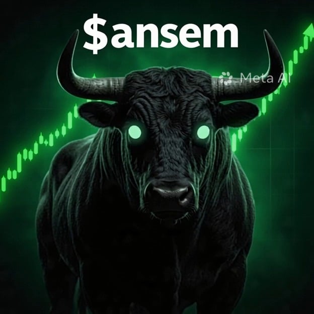 A dark bull with glowing green eyes stands before a green stock chart, with the text '$ansem' displayed above.
