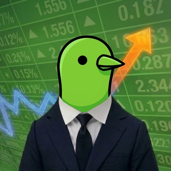 A green bird-headed trader in a suit stands before rising stock charts, evoking Robinhood and bullish market momentum. The post lists a lineup of meme coins—$CASHCAT, $TENDIES, $THROBBIN, $PONS, $PACK, and $JUGGERNAUT—suggesting a glorious week ahead for these established Robinhood coins.