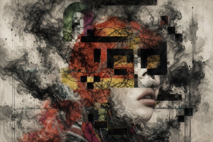 An abstract digital artwork depicts a fragmented woman's face in profile, partially obscured by pixelated blocks, geometric shapes, and swirling black smoke.