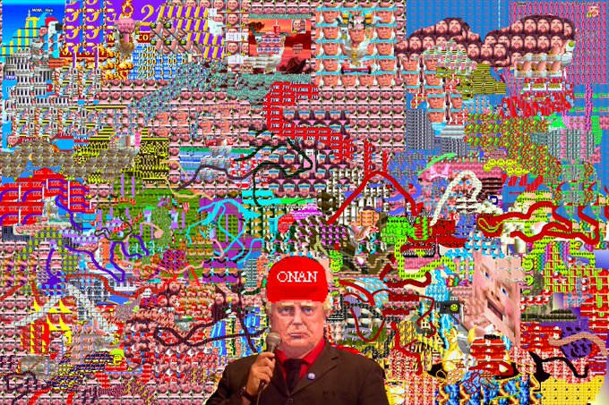 The image features Donald Trump wearing a red "ONAN" cap and holding a microphone, superimposed against a chaotic, pixel-art collage filled with crowds, cityscapes, and repeating motifs—evoking the surreal, satirical "ONAN" (Organization of North American Nations) world from David Foster Wallace's *Infinite Jest*. This matches the post's promotion of a bootlegged *Infinite Jest* group show on Objkt.com, where the artwork pays homage to Wallace's dystopian narrative through dense, glitchy digital collage.